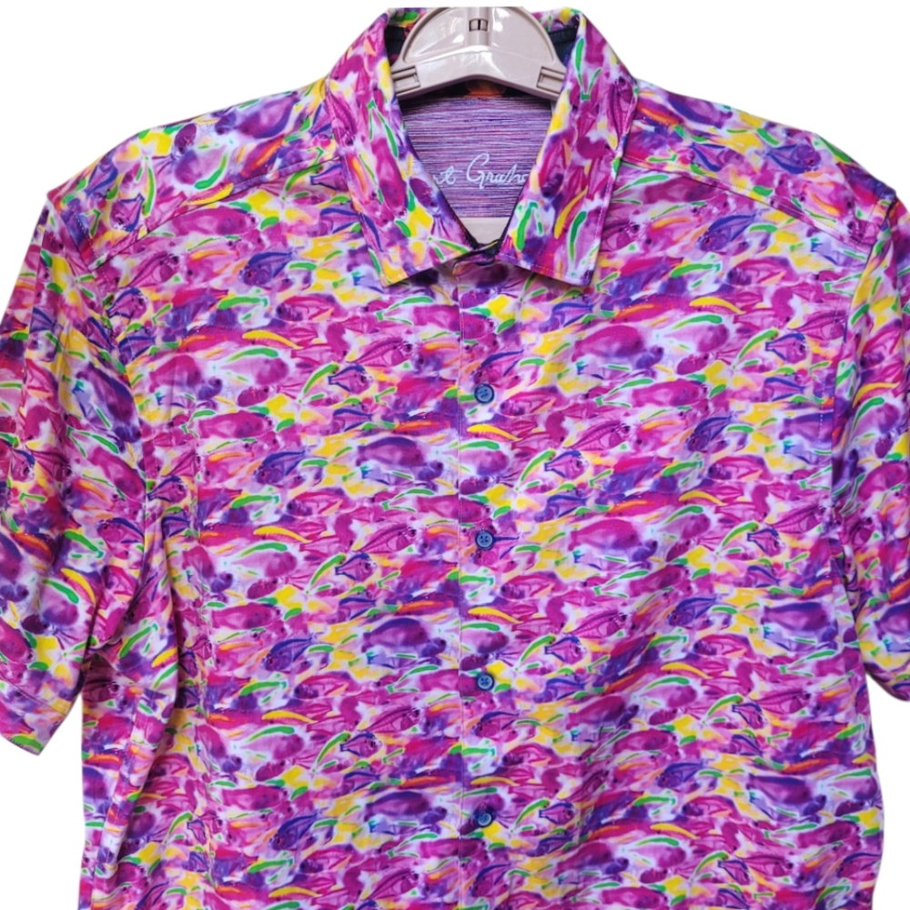 Robert Graham Fishy Business Short Sleeve Button Down Shirt Pink Purple Size M - Picture 4 of 16